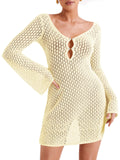 Women's Long Bell Sleeve Mesh Knit Swimsuit Cover Up Beach Dress